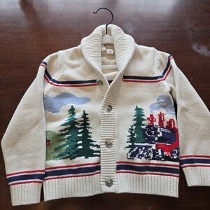 Janie and Jack Cream Cardigan with Train and Tree Design